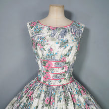 Load image into Gallery viewer, 50s RUIN AND FLOWER PRINT GREEN AND PINK FULL SKIRTED DRESS - S