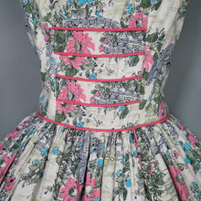 Load image into Gallery viewer, 50s RUIN AND FLOWER PRINT GREEN AND PINK FULL SKIRTED DRESS - S