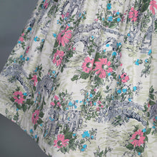 Load image into Gallery viewer, 50s RUIN AND FLOWER PRINT GREEN AND PINK FULL SKIRTED DRESS - S