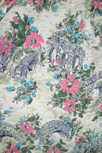 Load image into Gallery viewer, 50s RUIN AND FLOWER PRINT GREEN AND PINK FULL SKIRTED DRESS - S