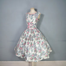 Load image into Gallery viewer, 50s RUIN AND FLOWER PRINT GREEN AND PINK FULL SKIRTED DRESS - S