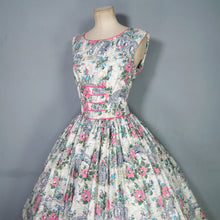 Load image into Gallery viewer, 50s RUIN AND FLOWER PRINT GREEN AND PINK FULL SKIRTED DRESS - S