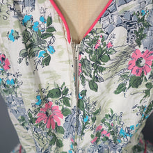 Load image into Gallery viewer, 50s RUIN AND FLOWER PRINT GREEN AND PINK FULL SKIRTED DRESS - S