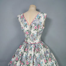 Load image into Gallery viewer, 50s RUIN AND FLOWER PRINT GREEN AND PINK FULL SKIRTED DRESS - S