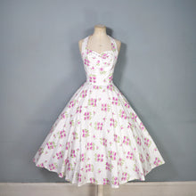 Load image into Gallery viewer, 50s BUNNY CASUALS OF MIAMI RHINESTONED FLORAL HALTER FULL SKIRT DRESS - S
