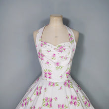 Load image into Gallery viewer, 50s BUNNY CASUALS OF MIAMI RHINESTONED FLORAL HALTER FULL SKIRT DRESS - S
