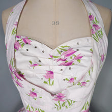 Load image into Gallery viewer, 50s BUNNY CASUALS OF MIAMI RHINESTONED FLORAL HALTER FULL SKIRT DRESS - S