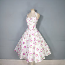 Load image into Gallery viewer, 50s BUNNY CASUALS OF MIAMI RHINESTONED FLORAL HALTER FULL SKIRT DRESS - S