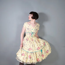 Load image into Gallery viewer, 50s 60s YELLOW NOVELTY SUITCASE PRINT TRAVEL THEME DRESS - S