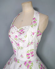 Load image into Gallery viewer, 50s BUNNY CASUALS OF MIAMI RHINESTONED FLORAL HALTER FULL SKIRT DRESS - S