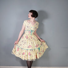 Load image into Gallery viewer, 50s 60s YELLOW NOVELTY SUITCASE PRINT TRAVEL THEME DRESS - S