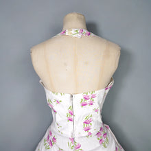 Load image into Gallery viewer, 50s BUNNY CASUALS OF MIAMI RHINESTONED FLORAL HALTER FULL SKIRT DRESS - S
