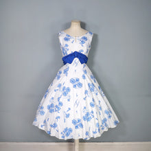 Load image into Gallery viewer, 50s CALIFORNIA COTTONS BLUE WHITE CARNATION PRINT PARTY DRESS - S