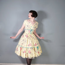 Load image into Gallery viewer, 50s 60s YELLOW NOVELTY SUITCASE PRINT TRAVEL THEME DRESS - S