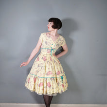 Load image into Gallery viewer, 50s 60s YELLOW NOVELTY SUITCASE PRINT TRAVEL THEME DRESS - S