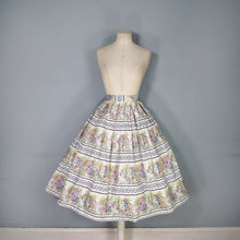 Load image into Gallery viewer, 50s WHITE COTTON FULL SKIRT WITH SCENIC PASTEL VILLAGE STREET PRINT - 25"