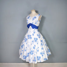 Load image into Gallery viewer, 50s CALIFORNIA COTTONS BLUE WHITE CARNATION PRINT PARTY DRESS - S