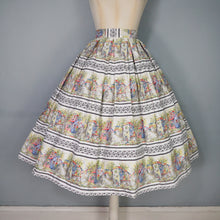 Load image into Gallery viewer, 50s WHITE COTTON FULL SKIRT WITH SCENIC PASTEL VILLAGE STREET PRINT - 25"
