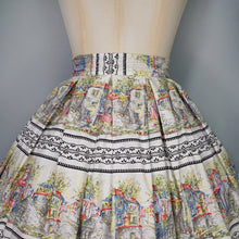 Load image into Gallery viewer, 50s WHITE COTTON FULL SKIRT WITH SCENIC PASTEL VILLAGE STREET PRINT - 25"