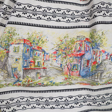 Load image into Gallery viewer, 50s WHITE COTTON FULL SKIRT WITH SCENIC PASTEL VILLAGE STREET PRINT - 25"
