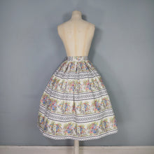 Load image into Gallery viewer, 50s WHITE COTTON FULL SKIRT WITH SCENIC PASTEL VILLAGE STREET PRINT - 25"