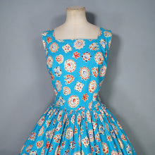 Load image into Gallery viewer, 50s NOVELTY GEM PRINT TURQUOISE COTTON DAY DRESS - S