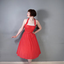 Load image into Gallery viewer, EARLY 50s SEMI SHEER RED HALTER DRESS WITH LACE NECK - S
