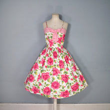 Load image into Gallery viewer, 50s STRAPPY PINK ROSE PRINT FLORAL SUN DRESS WITH FULL SKIRT AND BOW - S