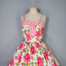 Load image into Gallery viewer, 50s STRAPPY PINK ROSE PRINT FLORAL SUN DRESS WITH FULL SKIRT AND BOW - S