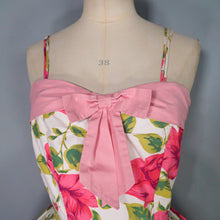Load image into Gallery viewer, 50s STRAPPY PINK ROSE PRINT FLORAL SUN DRESS WITH FULL SKIRT AND BOW - S