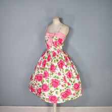Load image into Gallery viewer, 50s STRAPPY PINK ROSE PRINT FLORAL SUN DRESS WITH FULL SKIRT AND BOW - S