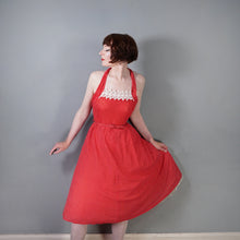 Load image into Gallery viewer, EARLY 50s SEMI SHEER RED HALTER DRESS WITH LACE NECK - S