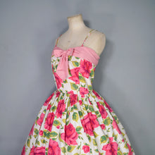 Load image into Gallery viewer, 50s STRAPPY PINK ROSE PRINT FLORAL SUN DRESS WITH FULL SKIRT AND BOW - S
