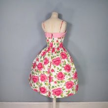 Load image into Gallery viewer, 50s STRAPPY PINK ROSE PRINT FLORAL SUN DRESS WITH FULL SKIRT AND BOW - S