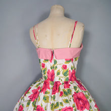 Load image into Gallery viewer, 50s STRAPPY PINK ROSE PRINT FLORAL SUN DRESS WITH FULL SKIRT AND BOW - S