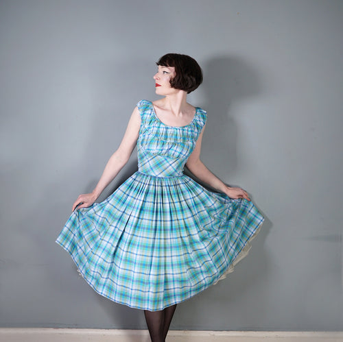 50s BLUE GREEN CHECK DRESS WITH FULL SKIRT AND GATHERED BUST - M