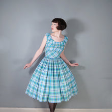Load image into Gallery viewer, 50s BLUE GREEN CHECK DRESS WITH FULL SKIRT AND GATHERED BUST - M