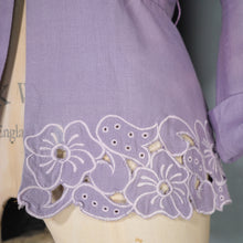 Load image into Gallery viewer, 40s DAVID GIBSON LILAC MOYGASHEL BLOUSE JACKET WITH FLORAL CUTWORK EMBROIDERY - S