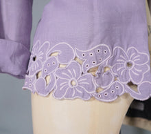 Load image into Gallery viewer, 40s DAVID GIBSON LILAC MOYGASHEL BLOUSE JACKET WITH FLORAL CUTWORK EMBROIDERY - S
