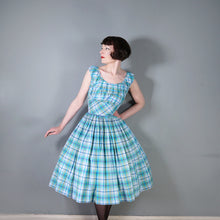 Load image into Gallery viewer, 50s BLUE GREEN CHECK DRESS WITH FULL SKIRT AND GATHERED BUST - M