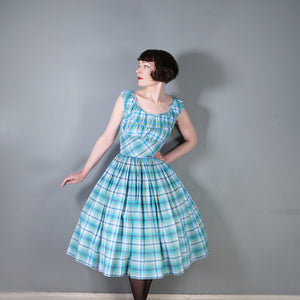 50s BLUE GREEN CHECK DRESS WITH FULL SKIRT AND GATHERED BUST - M