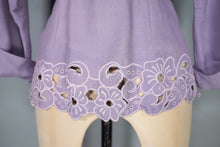 Load image into Gallery viewer, 40s DAVID GIBSON LILAC MOYGASHEL BLOUSE JACKET WITH FLORAL CUTWORK EMBROIDERY - S