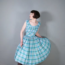 Load image into Gallery viewer, 50s BLUE GREEN CHECK DRESS WITH FULL SKIRT AND GATHERED BUST - M