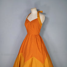 Load image into Gallery viewer, 70s JOHN MARKS RUST AND ORANGE FULL SKIRTED HALTER DRESS - XS-S