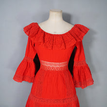 Load image into Gallery viewer, 70s BOLD RED MEXICAN PIN TUCK AND LACE MAXI DRESS WITH RUFFLED NECKLINE - XS-S