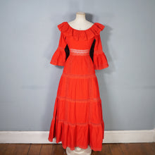 Load image into Gallery viewer, 70s BOLD RED MEXICAN PIN TUCK AND LACE MAXI DRESS WITH RUFFLED NECKLINE - XS-S