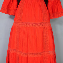 Load image into Gallery viewer, 70s BOLD RED MEXICAN PIN TUCK AND LACE MAXI DRESS WITH RUFFLED NECKLINE - XS-S