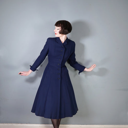 40s / 50s VERNER VOGUE NAVY BLUE SLIM FITTING FIT AND FLARE COAT - XS