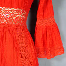 Load image into Gallery viewer, 70s BOLD RED MEXICAN PIN TUCK AND LACE MAXI DRESS WITH RUFFLED NECKLINE - XS-S