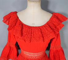 Load image into Gallery viewer, 70s BOLD RED MEXICAN PIN TUCK AND LACE MAXI DRESS WITH RUFFLED NECKLINE - XS-S